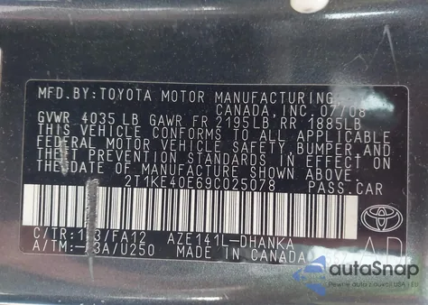 2009 Toyota Matrix S из США, поврежденный, VIN 2T1KE40E69C025078